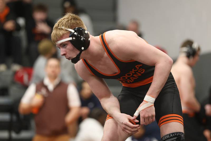 Minooka’s Kaden Meyer faces off against Joliet West’s Aiden Brown in the Class 3A Minooka Regional 165 pound championship on Saturday, Jan. 31, 2026 in Minooka.