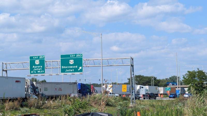 Traffic is backed up along Interstate 55 west of Joliet in Shorewood as lanes were blocked off following debris falling from the I-55 bridge on Monday, Aug. 19. 2024.