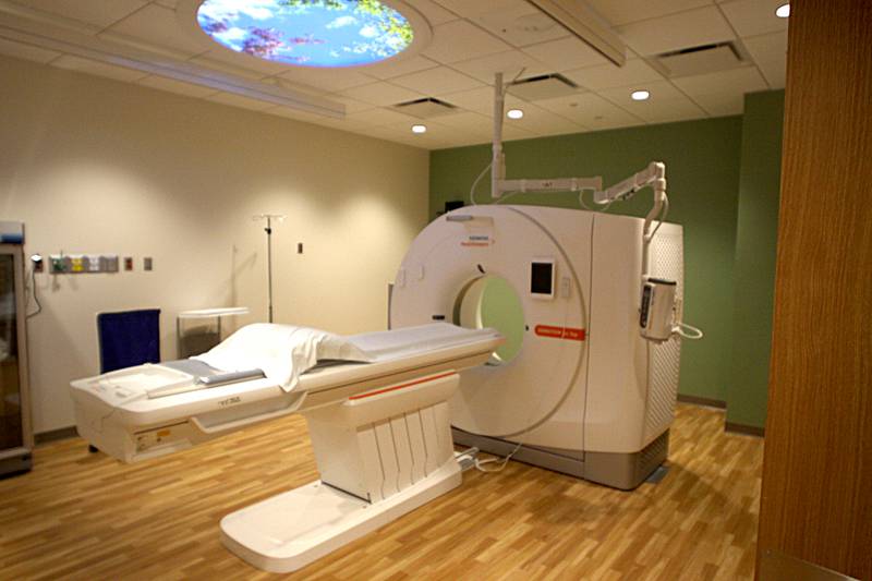 A CT scan room is shown during a public open house for the new Mercyhealth hospital in Crystal Lake on Saturday.