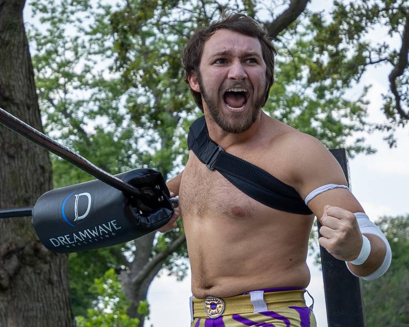 Gaige Noonan of 'The Hype' excites crowd at the Taste of the Illinois Valley DreamWave Wrestling event on Saturday, August 2, 2025 at Centennial Park in Peru.