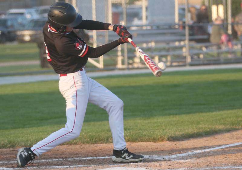 Henry-Senachwine's Ben Meachum singles on this hit as teammate Caleb Wiesbrock scores the teams only run during the Class 1A Sectional semifinal game on Wednesday, May 28, 2025 at Schwieckert Stadium in Peru.