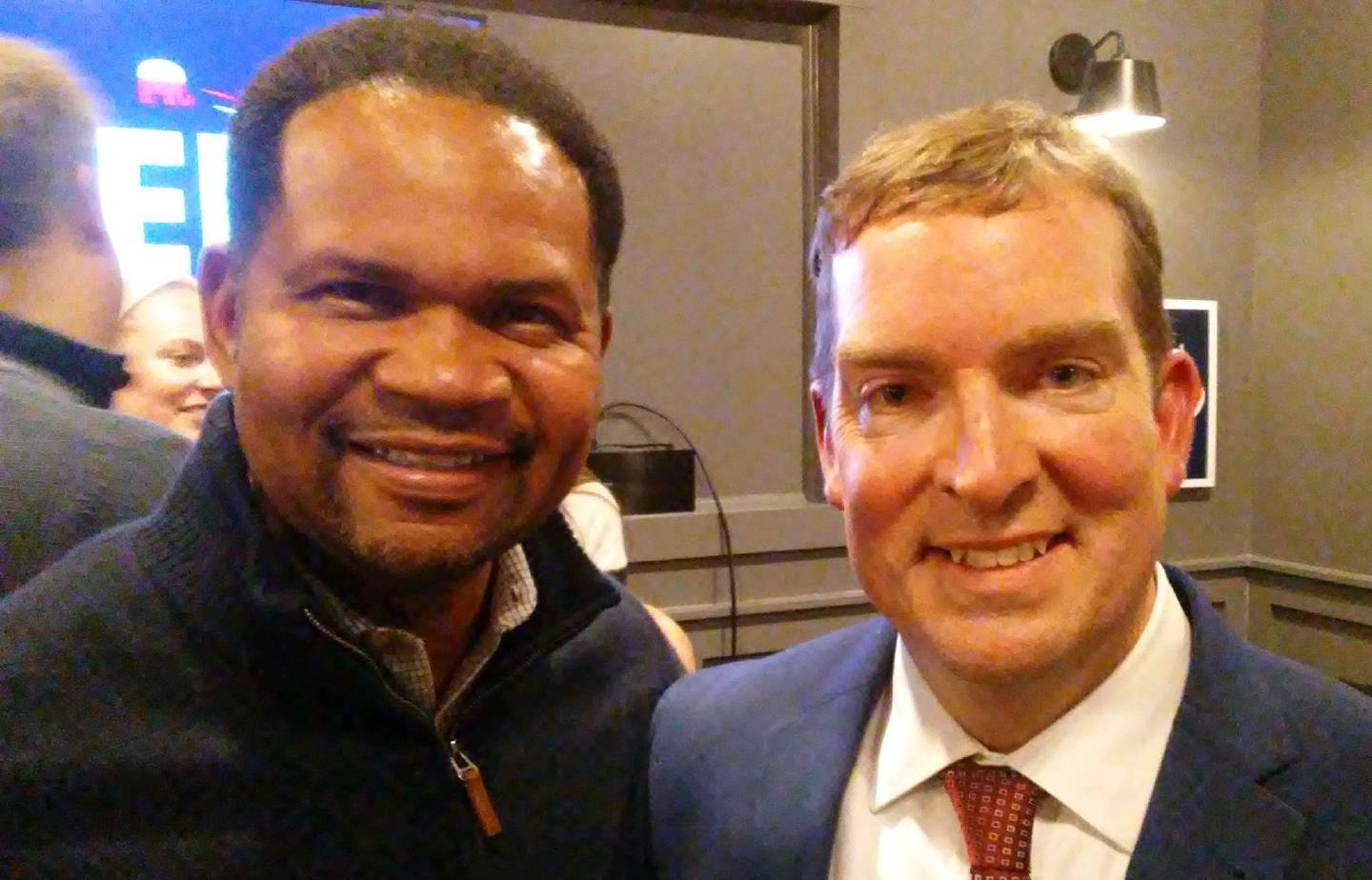 Aurora Mayor Richard Irvin, Republican candidate for Illinois governor, left, is seen here with Kendall County Board Chairman Scott Gryder, who announced his candidacy for Congress on Feb. 24 at a Yorkville restaurant.