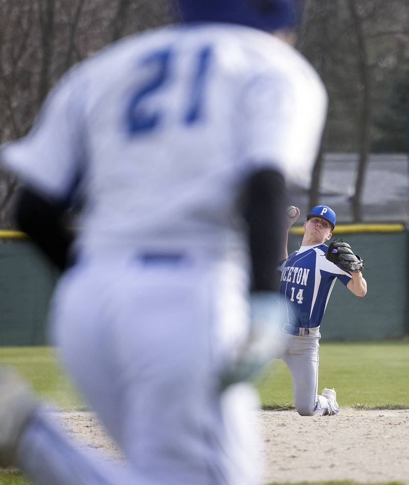 Princeton’s William Lott throws to first but is late after making as diving stop against Newman Thursday, April 10, 2025.