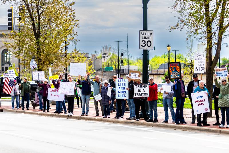 Attendees line Jefferson Street in Downtown Joliet during the May Day Weekend Rally on May 3, 2025.