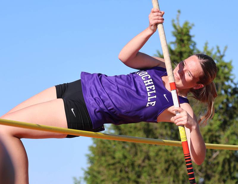 Rochelle’s Samantha Overton clears the bar in the pole vault Friday, May 15, 2026, during the Class 2A girls track sectional at Genoa-Kingston High School.