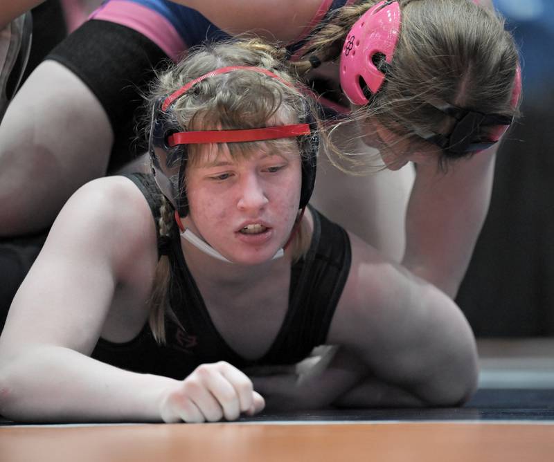 Allison Garbacz, of South Elgin wrestles Grace Stratton of Freeburg in the 155-pound class at the girls wrestling state finals tournament at Grossinger Arena in Bloomington on Saturday, Feb. 28, 2026.