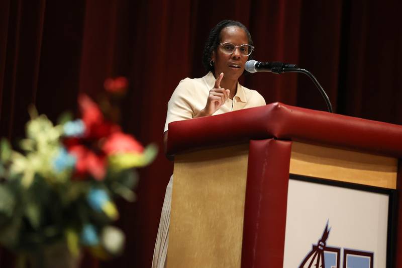 Kankakee School District 111 Superintendent Teresa Lance speaks during the Kankakee High School summer commencement ceremony at the high school on Tuesday, July 29, 2025.