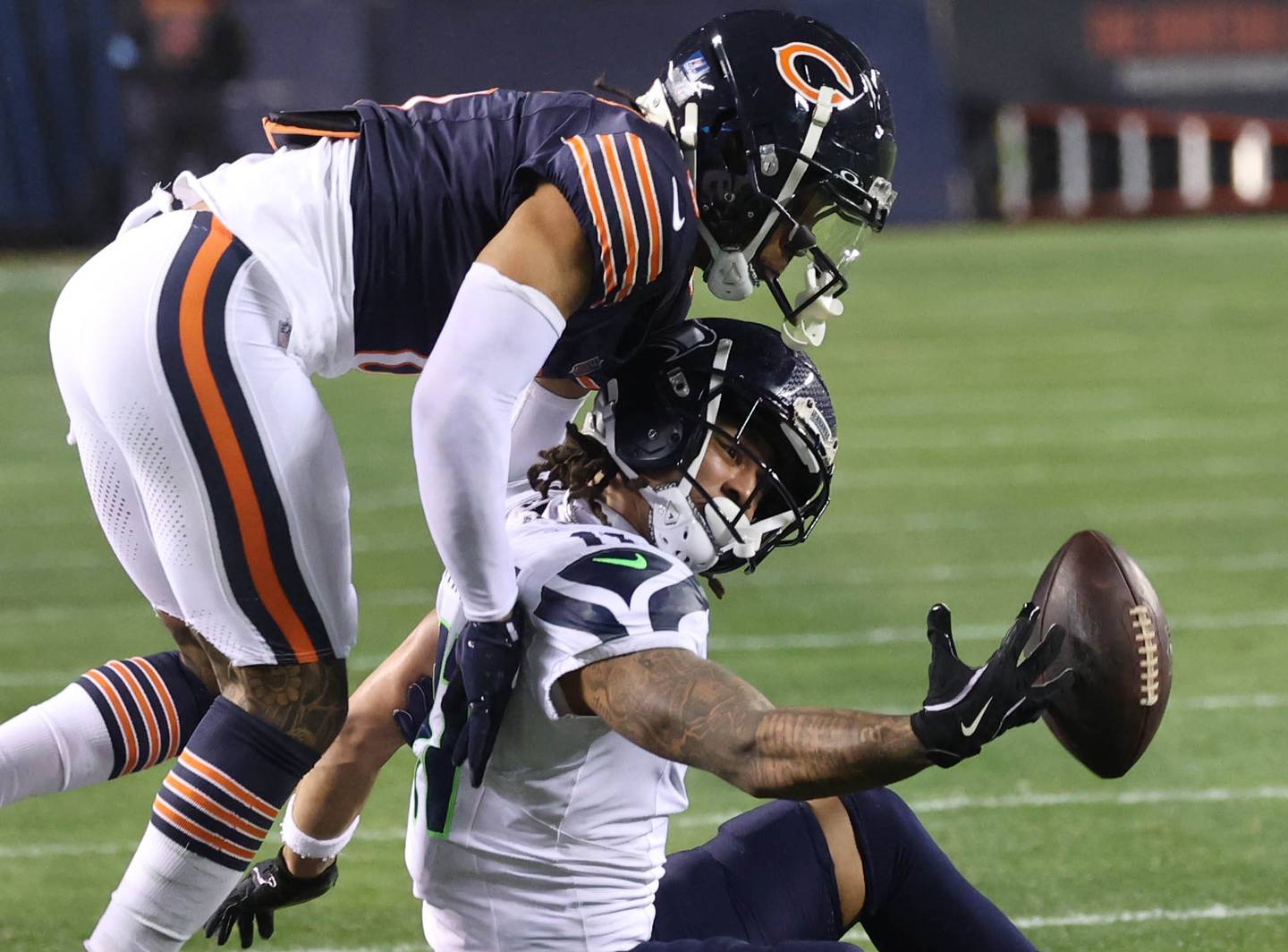 Chicago Bears cornerback Kyler Gordon breaks up a pass intended for Seattle Seahawks wide receiver Jaxon Smith-Njigba during their game Sunday, Dec. 26, 2024, at Soldier Field in Chicago.