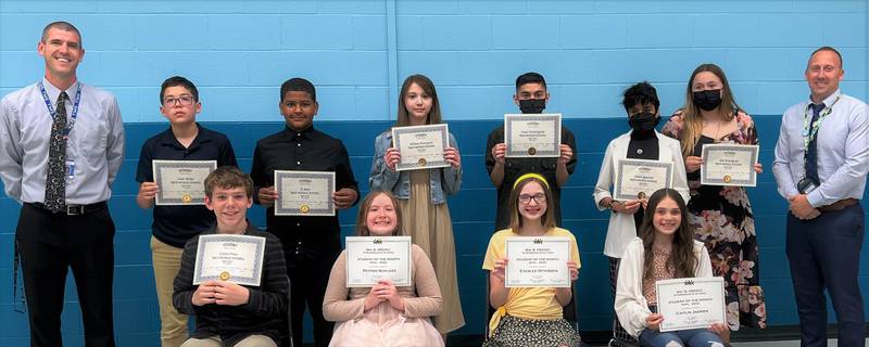 Troy Middle School and William B. Orenic Intermediate School April 2022 Students of the Month. Top from left: T.M.S. Assistant Principal Matt Stortz, Josh Miller, Ty Ratz, Willow Perruquet, Cesar Dominguez, Desi Agarwal, Mia Rodriguez, and W.B.O. Assistant Principal Jason Kucera.
Bottom from left: Caleb Price, Peyton Schlage, Everlee Ottersen, and Caitlin Jadron.
Not pictured: Jaylyn Brown and Kathryn Brown.