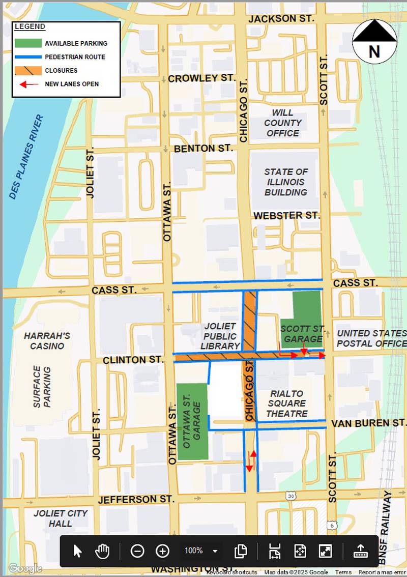 As part of the next phase of construction for the downtown Chicago Street Streetscape project in downtown Joliet, traffic control and safety measures will be changing in two stages beginning, Monday, April 14, 2025.