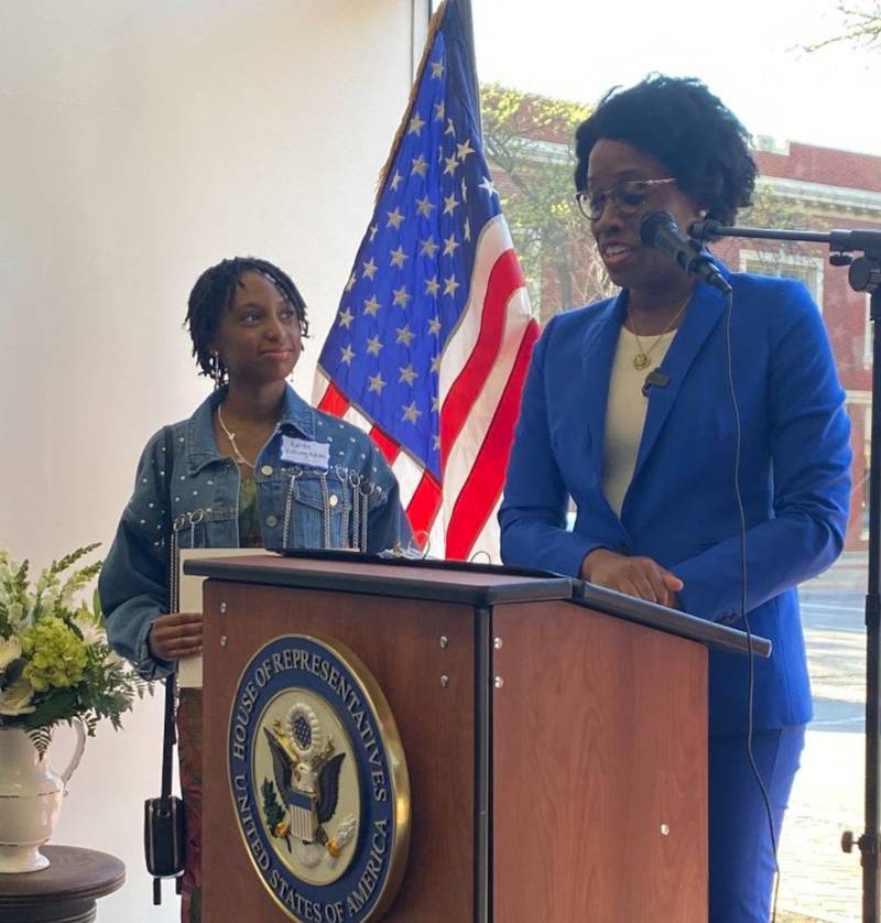 Oswego East High School junior Kalae’ Killingham with U.S. Rep. Lauren Underwood, D-Naperville.