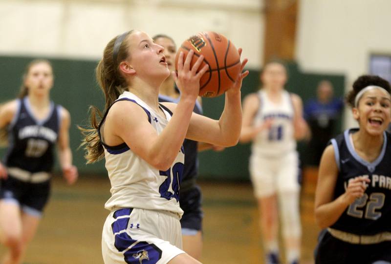 Geneva’s Caroline Madden puts up a shot during a Class 4A Glenbard West Sectional semifinal game against Lake Park in Glen Ellyn on Tuesday, Feb. 21, 2023.
