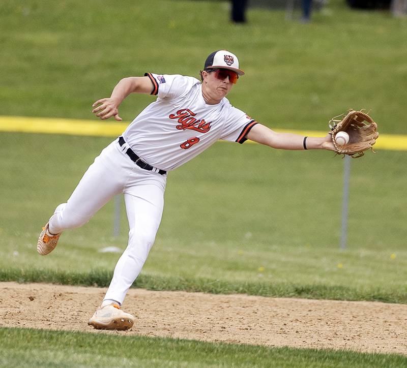 Byron’s Cooper Mershon makes a play at second against Johnsburg Wednesday, May 28, 2025, in the Class 2A Sectional semifinal in Mendota.