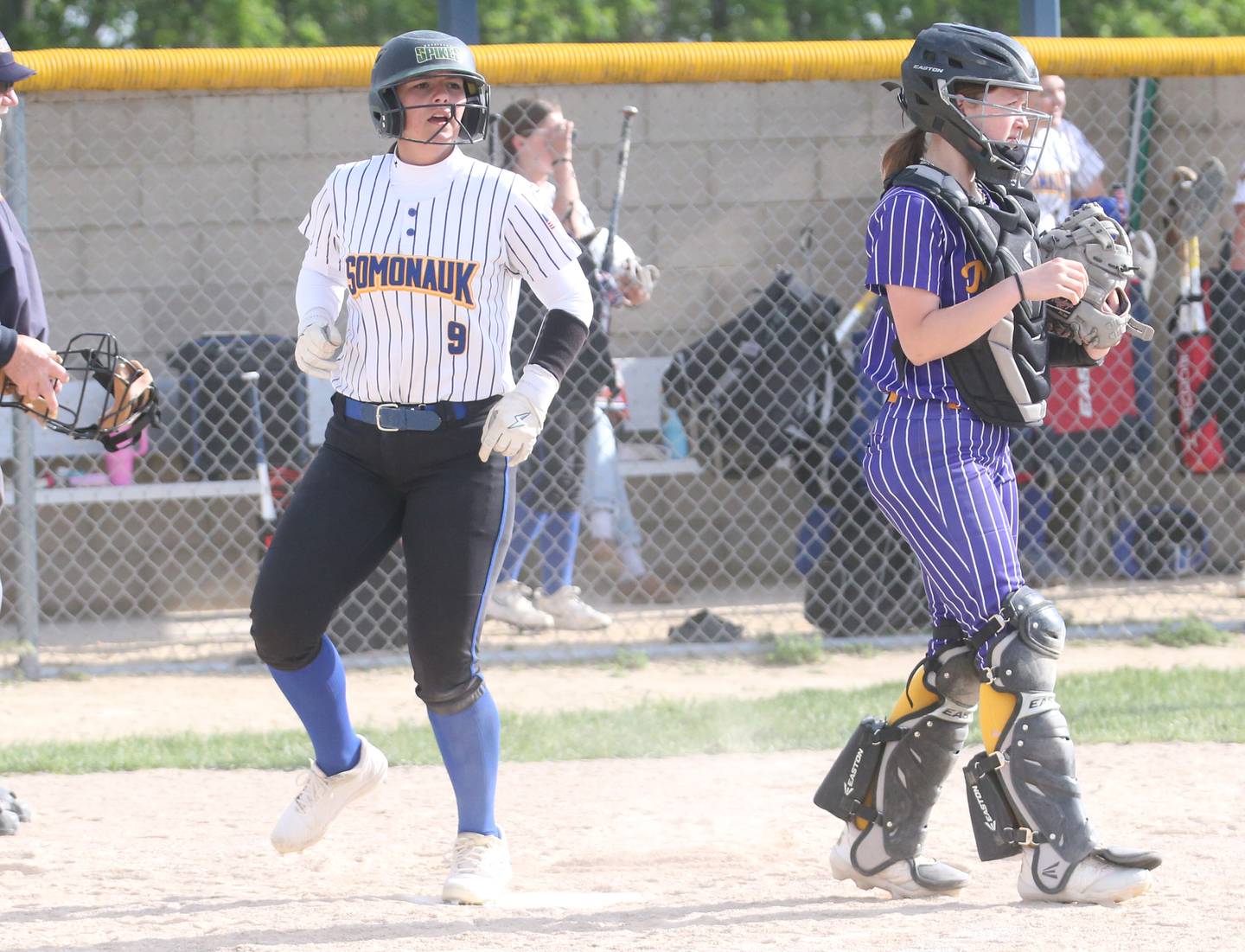 Somonauk/Leland's Kennedy Barshinger scores a run against Mendota during the Class 1A Regional quarterfinal game on Monday, May 19, 2025 at Somonauk High School.