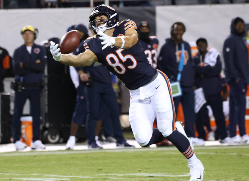 Chicago Bears tight end Cole Kmet makes a one-handed catch during their game against the Minnesota Vikings Monday, Sept. 8, 2025, at Soldier Field in Chicago.