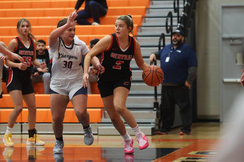 Lincoln-Way Central’s Gracen Gehrke looks to pass against Stagg on Monday, Dec.11th, 2023 in Palos Hills.