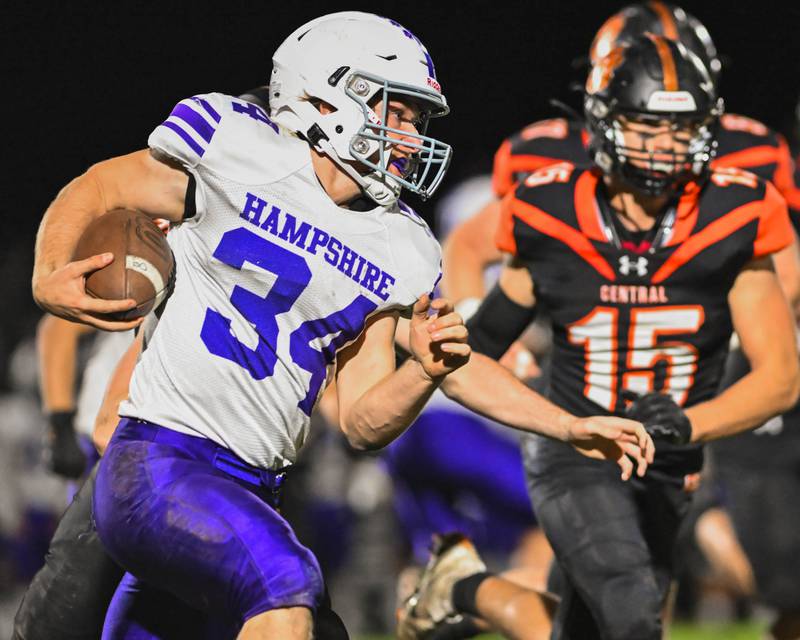 Hampshire's Cole Klawikoski runs for short yardage against Crystal Lake Central during their Fox Valley Conference game on Friday, Oct. 20, 2023 in Crystal Lake.