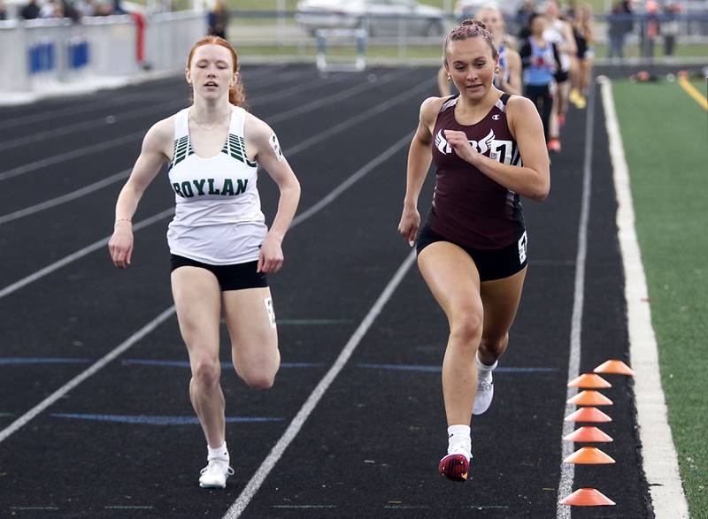 Prairie Ridge’s Anneke Dam (right) beats Rockford Boylan Catholic’s Nora Wedwick to the finish line in the 800 meter run during the IHSA Class 2A Johnsburg Girls Track and Field Sectional Meet on Wednesday,, May 13, 2026, at Johnsburg High School.