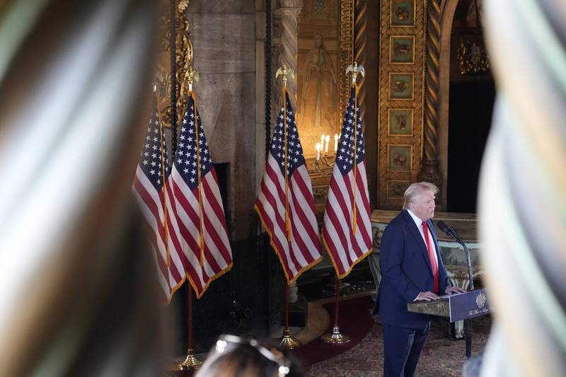Republican presidential nominee former President Donald Trump speaks to reporters at his Mar-a-Lago estate Thursday, Aug. 8, 2024, in Palm Beach, Fla. (AP Photo/Alex Brandon)