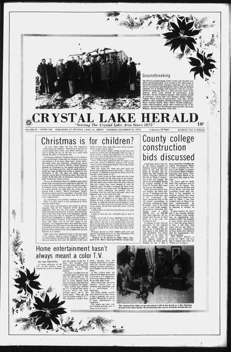 The Crystal Lake Herald on Christmas Day, 1973.