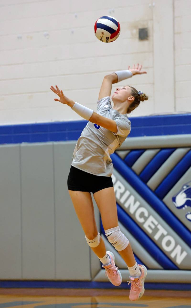 Princeton's Caroline Keutzer serves one up in Tuesday's Three Rivers match at Prouty Gym. The Tigresses won 2-0.