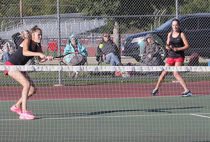 Ottawa number one doubles team players Rylee O'Fallon and Jena Smithmeyer play against L-P on Tuesday, Sept. 27, 2022, at the L-P Athletic Complex in La Salle.