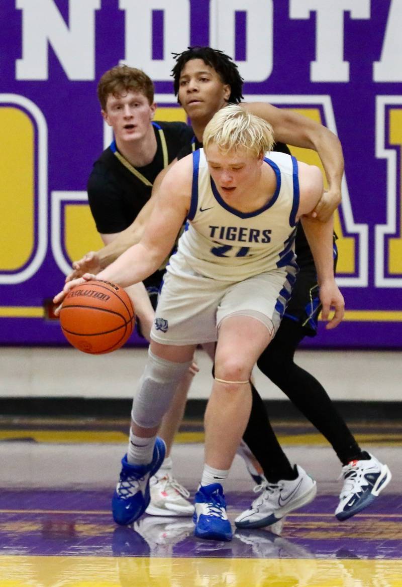 Princeton's Daniel Sousa brings the ball up against Rockford Christian in Tuesday's regional semifinal at Mendota. The Tigers won 69-66.