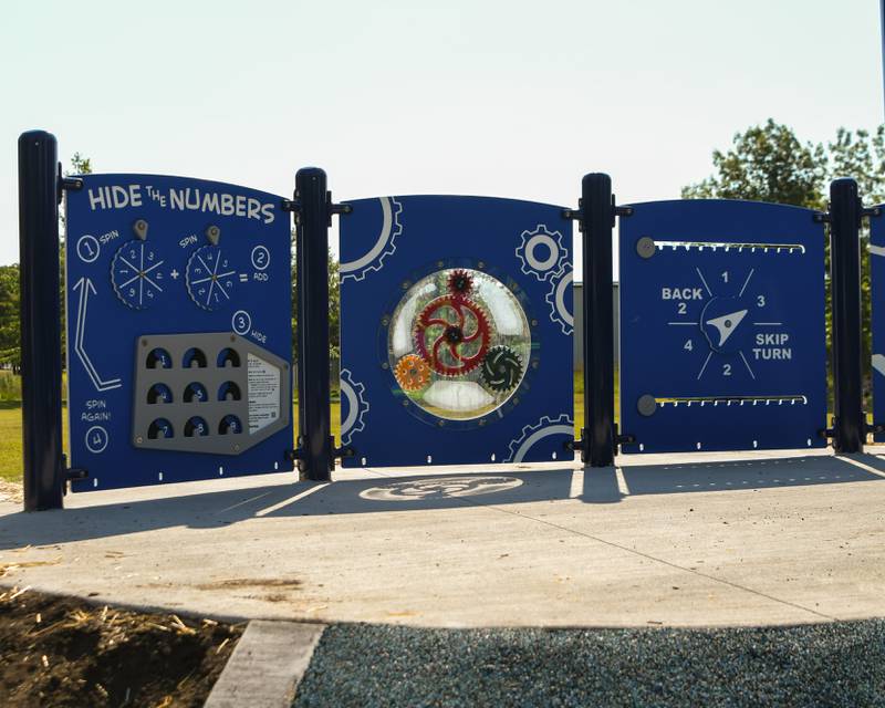 Interactive boards are ready for park goers to use for enjoyment on Saturday Aug. 16, 2025, during the dedication at Prairie Park in Elburn.