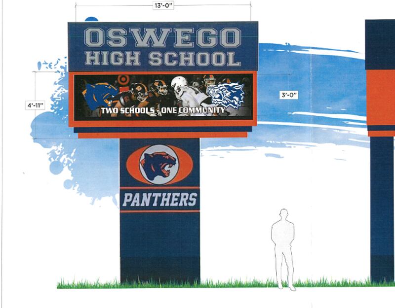 School officials are looking to upgrade the marquee at Oswego High School to keep up with technology advances.