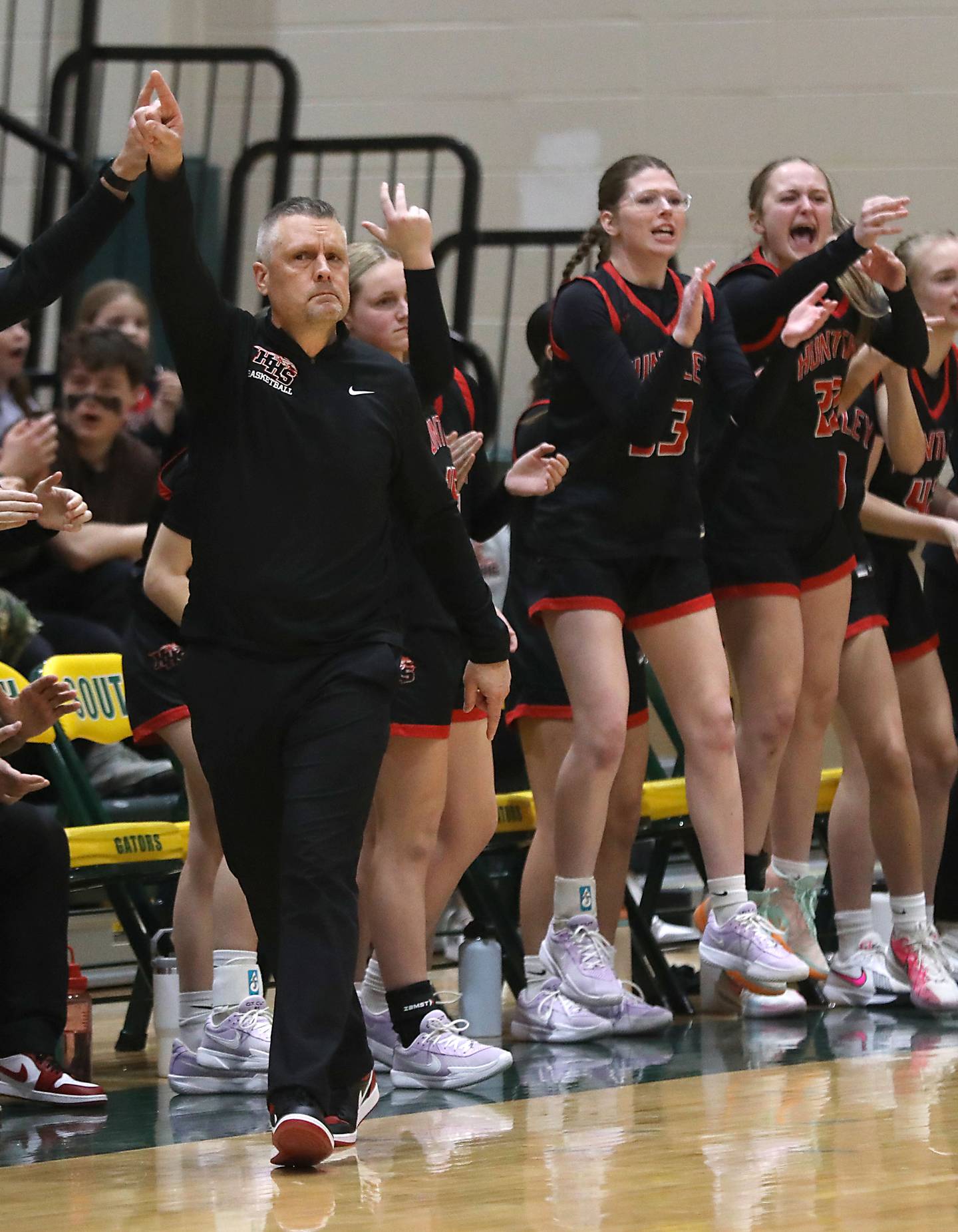 Huntley Head Coach Steve Raethz to a score against  Crystal Lake South during a Fox Valley Conference girls basketball game on Friday, Jan. 30, 2026, at Crystal Lake South High School.