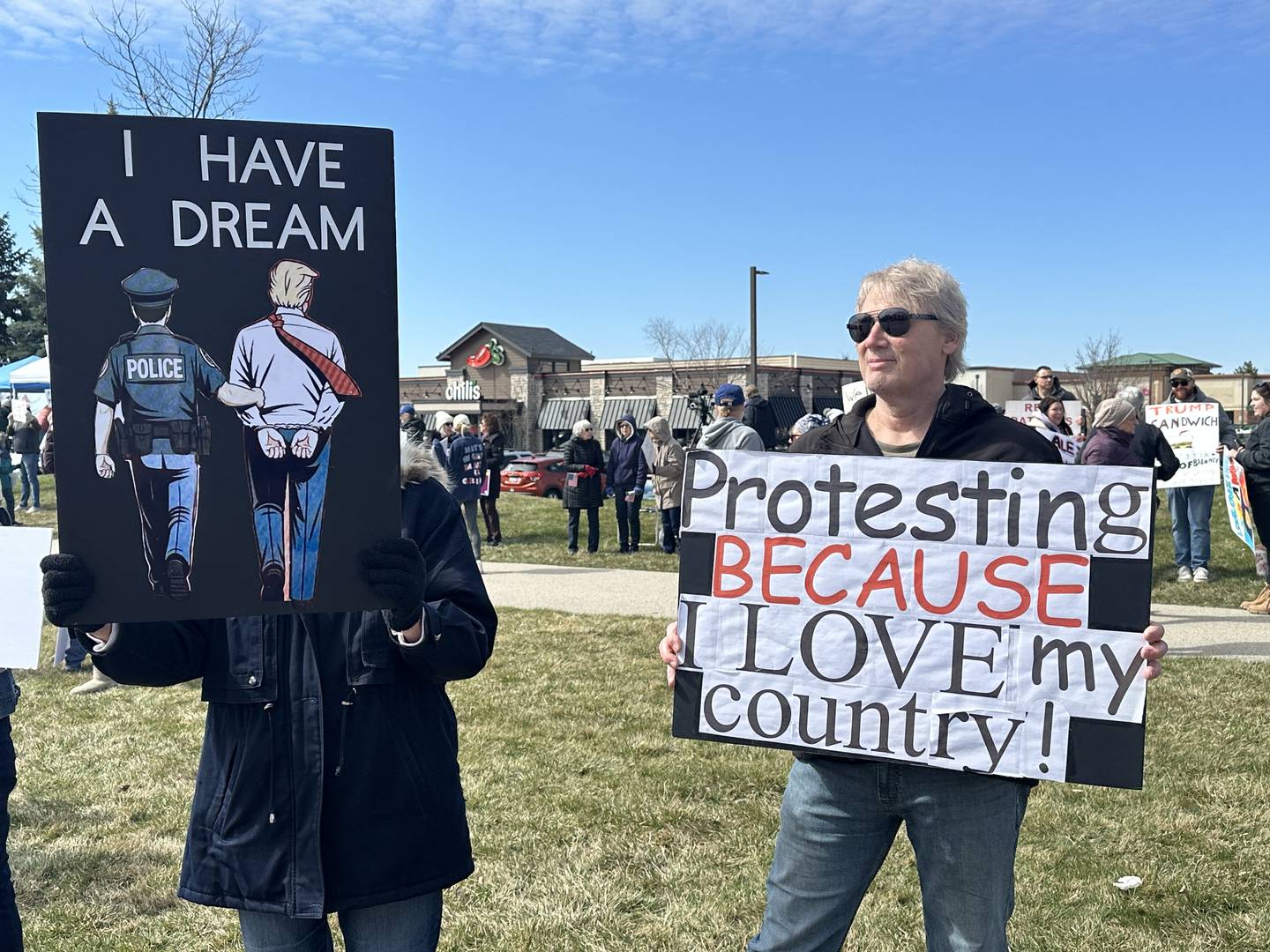 Protesters at the No Kings rally Saturday, March 28, at Silver Glen and Randall roads in South Elgin. This and other rallies were coordinated across the U.S. against President Trump and his administration.