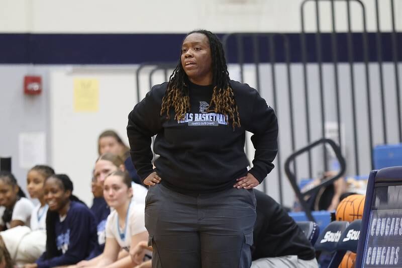 Plainfield South head coach Alana Warren stands on the sideline against Joliet West on Thursday, Jan 22, 2026 in Plainfield.
