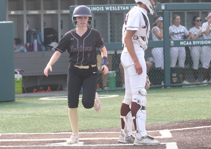 Serena's Hannah McNelis scores the teams third run against LeRoy during the Class 1A Supersectional game on Monday, June 2, 2025 at Illinois Wesleyan Univesity in Bloomington.