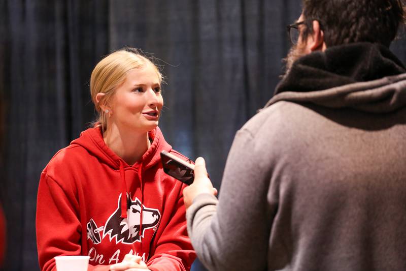NIU women's basketball player and Sycamore graduate Lexi Carlsen talks to the media during NIU's media day ahead of the start of the season on Thursday, Oct. 24, 2024.