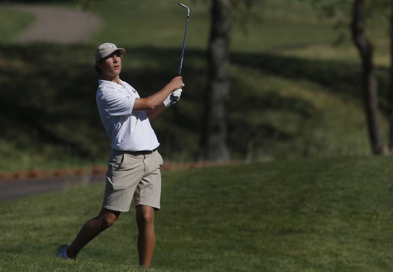 Dundee-Crown’s Kai Klancnik chips onto the sixth green during the IHSA Class 3A Jacobs Sectional golf tournament on Monday, Oct. 7, 2024, at Randall Oaks Golf Club in West Dundee.