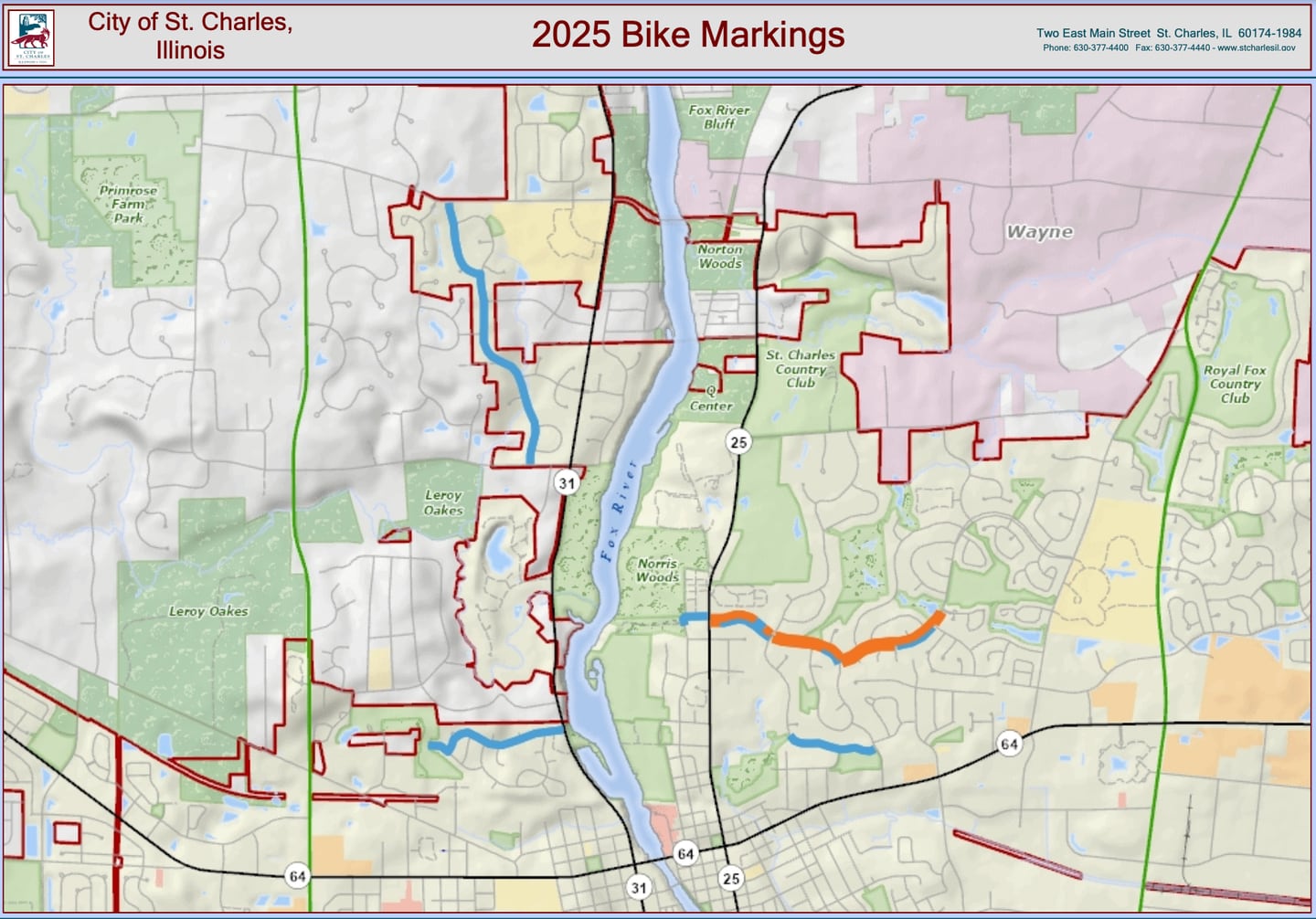Map of proposed bike path markings in St. Charles as part of the 2025 Street Program. (Orange lines represent bike lanes and blue lines represent shared lane arrows)