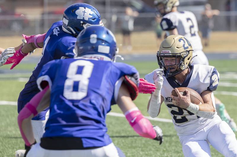 Mercer County’s Tannen James Whitehall looks for running room against Newman Saturday, October 4, 2025.
