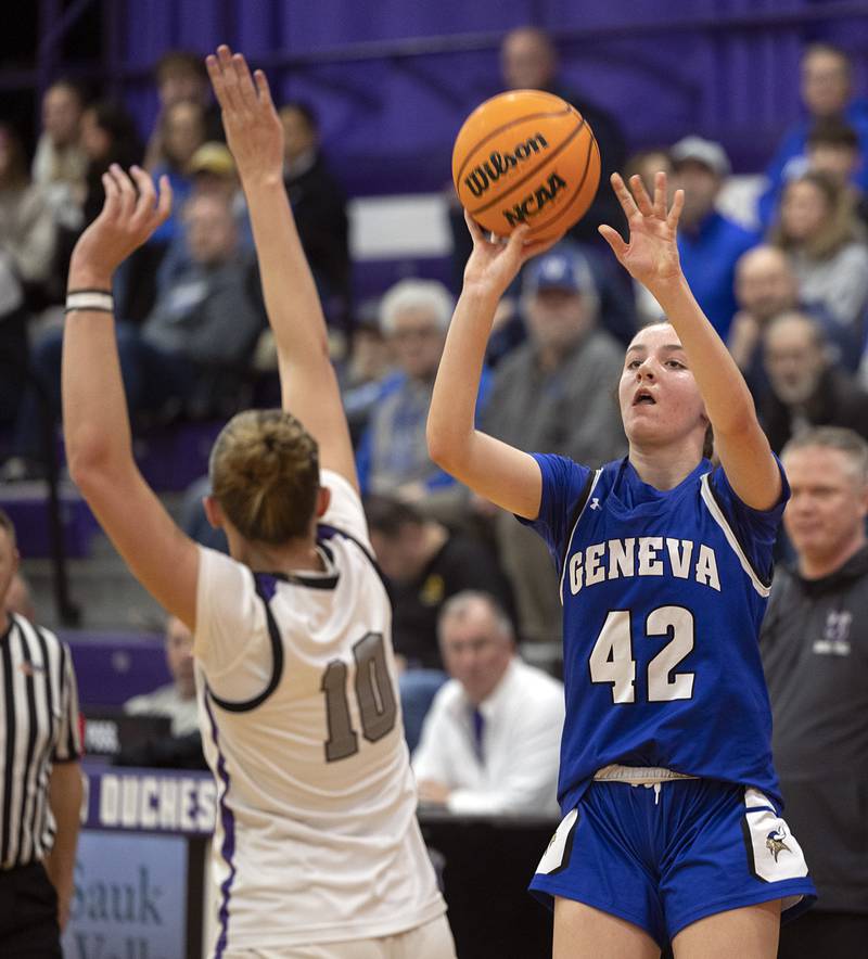 Geneva’s Adelyn Estabrook puts up a shot against Dixon Thursday, Feb. 19, 2026, in the Class 3A girls basketball regional title game.