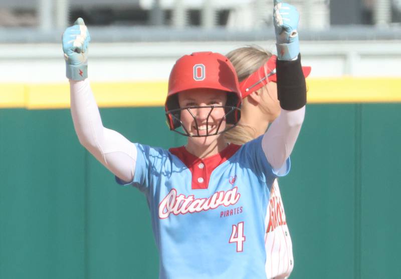 Ottawa's Teagan Darif reacts after standing on second base on Wednesday, April 29, 2026 at the L-P Athletic Complex in La Salle.