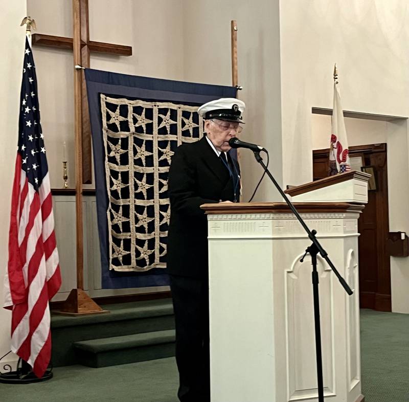 Art Killey, who served in the Navy Reserves from 1958-1983, shared his experiences as a radio serviceman at Yorkville's Chapel on the Green annual Veterans Day Tribute. Killey performed for the audience the Morse code spelling out Y-O-R-K-V-I-L-L-E.