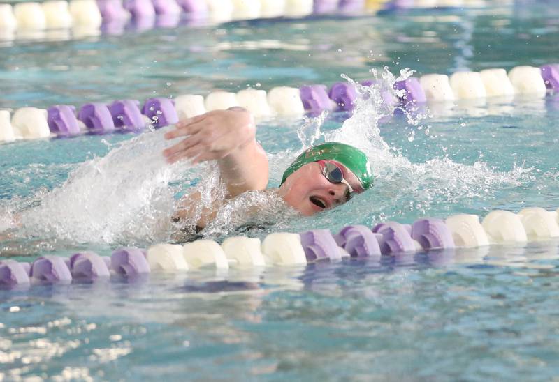 L-P co-op swimmer Emma Short competes in the 200 yard freestyle race on Tuesday, Oct. 8, 2024 at the Illinois Valley YMCA in Peru.
