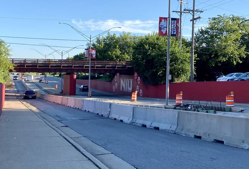 Road work on North Annie Glidden Road in DeKalb underneath the overpass blocks one of the northbound lanes for construction Wednesday, Aug. 7, 2024. The work is expected to be complete by Aug. 22, according to the City of DeKalb.