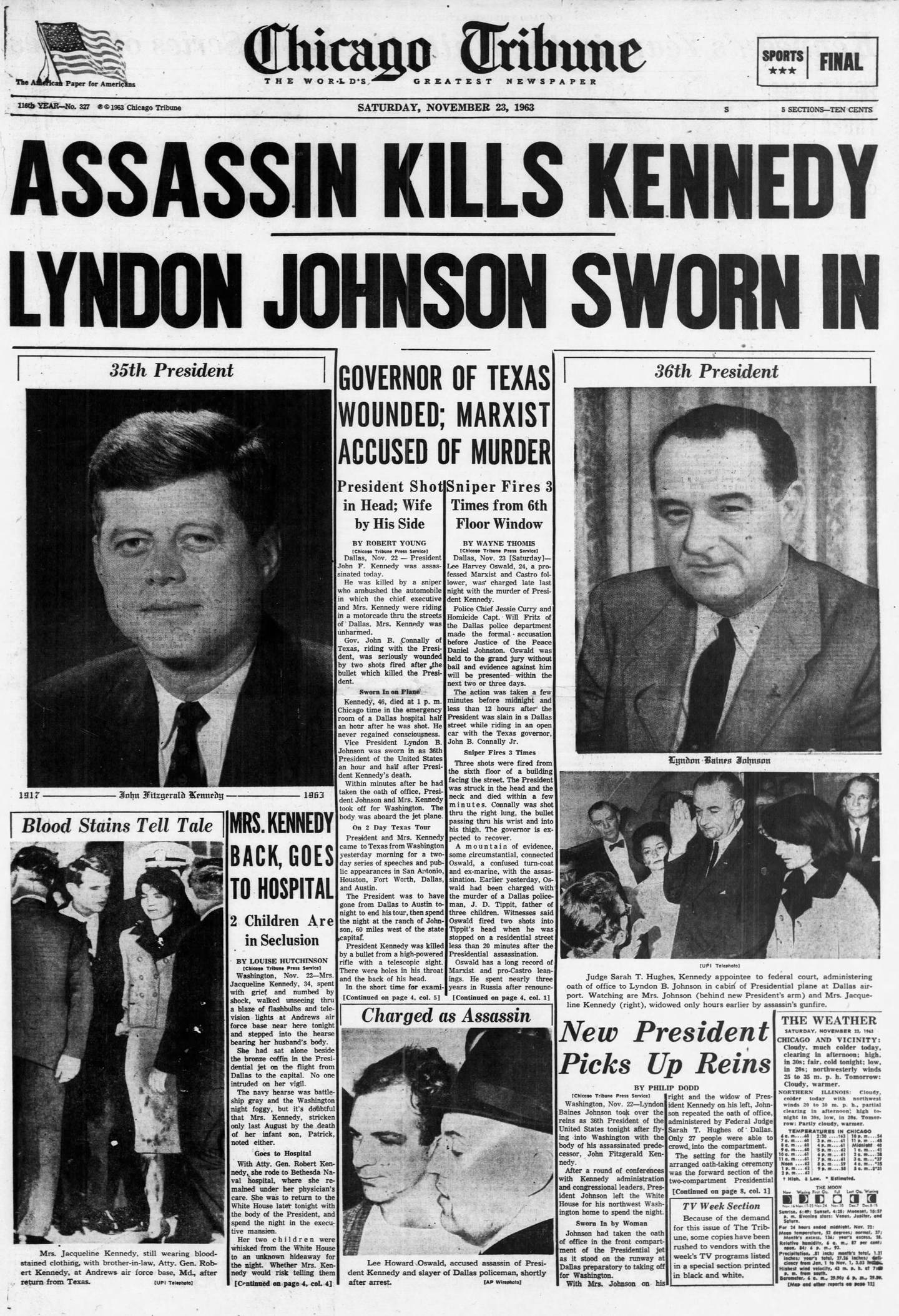 A story titled "Mrs. Kennedy back, goes to hospital," written by reporter Louise Hutchinson, appears on the front page of the Chicago Tribune on Nov. 23, 1963. President Kennedy was assassinated on Nov. 22, 1963.