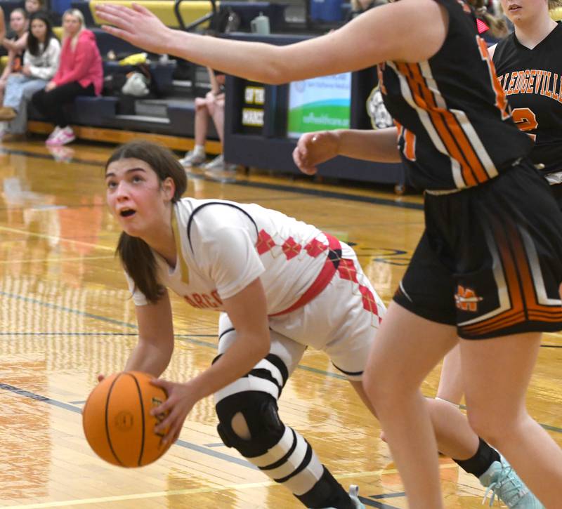 Polo's Elsa Monaco (1) looks to the basket as she draws a fould against Milledgeville on Saturday, Jan. 24, 2026 at Polo High School.