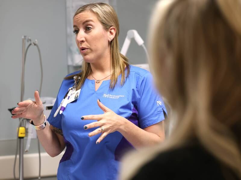 Nurse Randa Melms talks in the emergency room Thursday, April, 18, 2024, at Northwestern Medicine Kishwaukee Hospital in DeKalb.