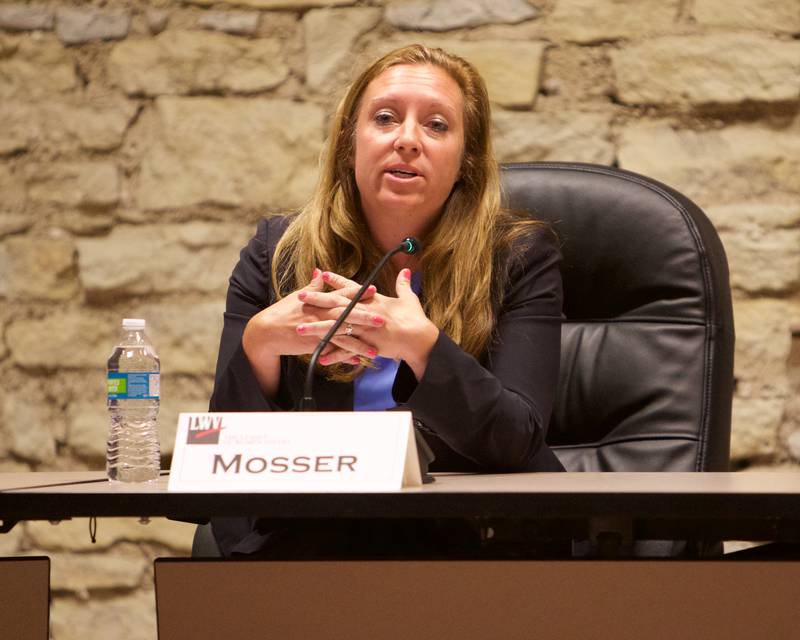 Candidate Jamie Mosser for State's Attorney speaks during the League of Women Voter's candidate forum on Tuesday, Oct.1,2024 in Batavia.