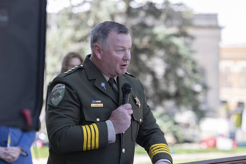 Lee County sheriff Clay Whelan speaks about statistics regarding child abuseFriday, April 19, 2024 during Hands Around the Courthouse in Dixon.
