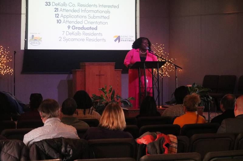 Danita Sims, of Opportunity DeKalb, gives remarks Jan. 18, 2025, during a graduation ceremony to commemorate the inaugural cohort on completing the Breakthrough Community Business Academy.
