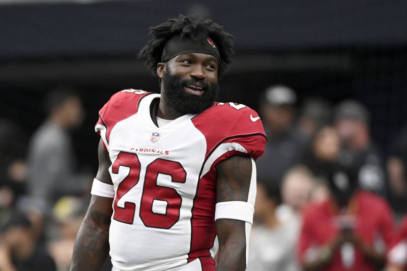 Arizona Cardinals running back Eno Benjamin looks on during warms up before an NFL football game against the Las Vegas Raiders Sunday,Sep 18, 2022, in Las Vegas. (AP Photo/David Becker)