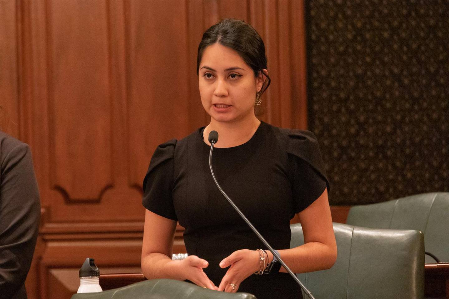 State Rep. Barbara Hernandez, D-Aurora, is pictured on the floor of the Illinois House during a May 25, 2023, debate over a bill to allow police departments to use drones to surveil crowds.